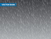 Realistic rain texture on transparent background. Rainfall, water drops effect. Autumn wet rainy day. Vector illustration