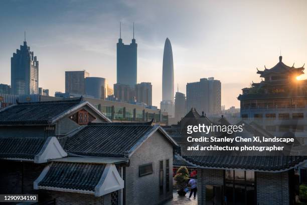 shenzhen city view of luohu district, skyscrapers with traditional architecture - shenzhen stock pictures, royalty-free photos & images