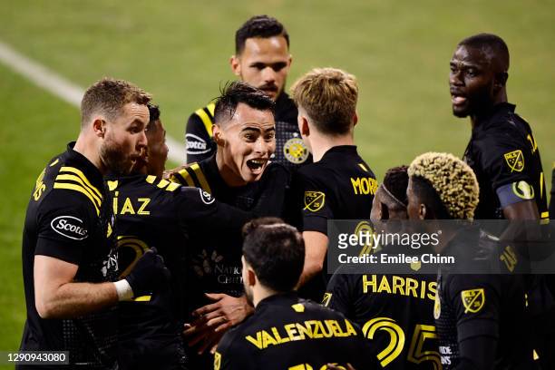 Lucas Zelarayan of Columbus Crew celebrates his goal in the first half during the MLS Cup Final against the Seattle Sounders at MAPFRE Stadium on...