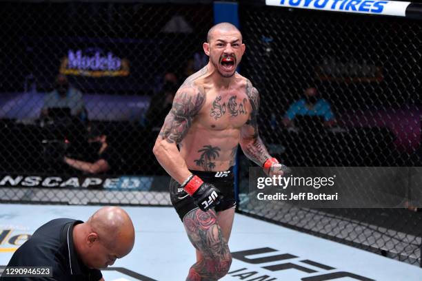 Cub Swanson celebrates his KO victory over Daniel Pineda in their featherweight bout during the UFC 256 event at UFC APEX on December 12, 2020 in Las...