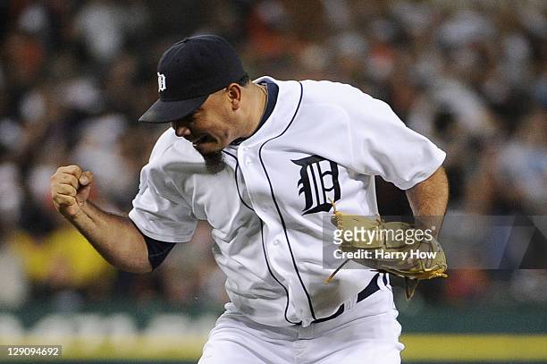Joaquin Benoit of the Detroit Tigers celebrates a strike out of Adrian Beltre of the Texas Rangers in the eighth inning of Game Four of the American...