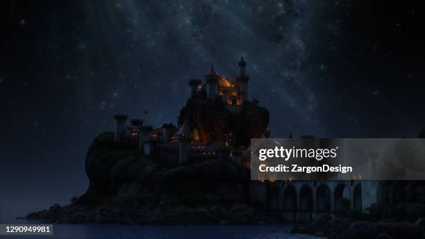 het kasteel van de fantasie bij nacht. - roman landscapes stockfoto's en -beelden