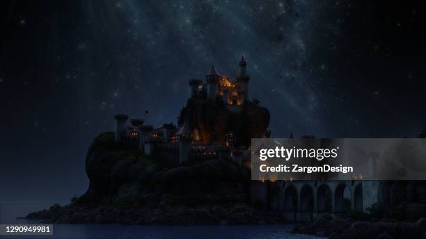 fantasy castle at night. - castle background stock pictures, royalty-free photos & images