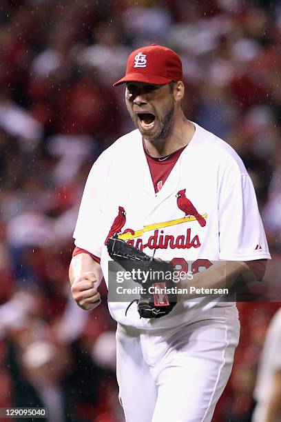 Chris Carpenter of the St. Louis Cardinals reacts after he struck out Rickie Weeks of the Milwaukee Brewers to end the top of the fifth inning during...