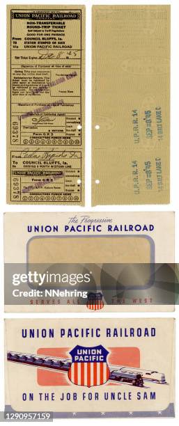 union pacific railroad ticket 1945 retro - train ticket stock pictures, royalty-free photos & images