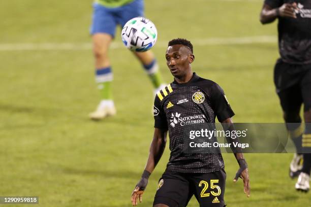 Harrison Afful of Columbus Crew controls the ball during the match between Columbus Crew and Seattle Sounders as part of the MLS Cup 2020 at MAPFRE...