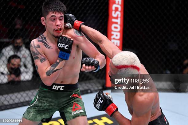 Deiveson Figueiredo of Brazil punches Brandon Moreno of Mexico in their flyweight championship bout during the UFC 256 event at UFC APEX on December...