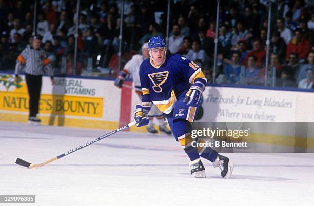 Rod Brind'Amour of the St. Louis Blues skates on the ice during an NHL game against the New York Islanders on December 28, 1989 at the Nassau...