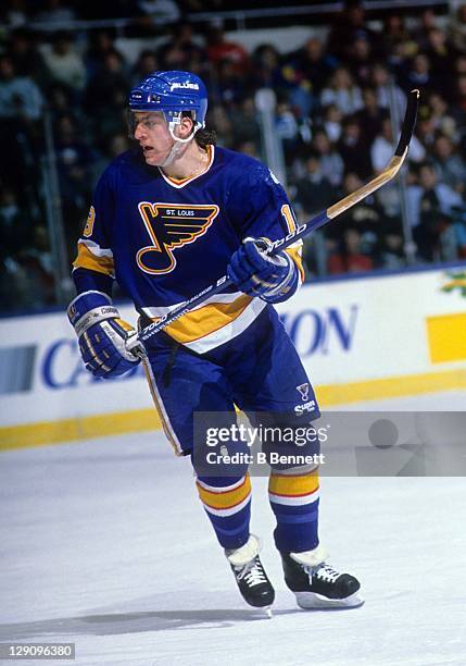 Rod Brind'Amour of the St. Louis Blues skates on the ice during an NHL game against the New York Islanders on December 28, 1989 at the Nassau...