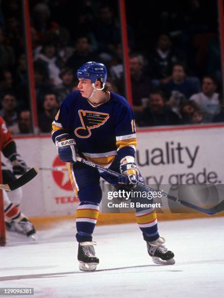 Rod Brind'Amour of the St. Louis Blues skates on the ice during an NHL game against the Philadelphia Flyers on March 21, 1991 at the Spectrum in...