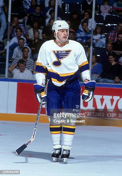 Rod Brind'Amour of the St. Louis Blues skates on the ice during a pre-season game in September, 1990 at the St. Louis Arena in St. Louis, Missouri.
