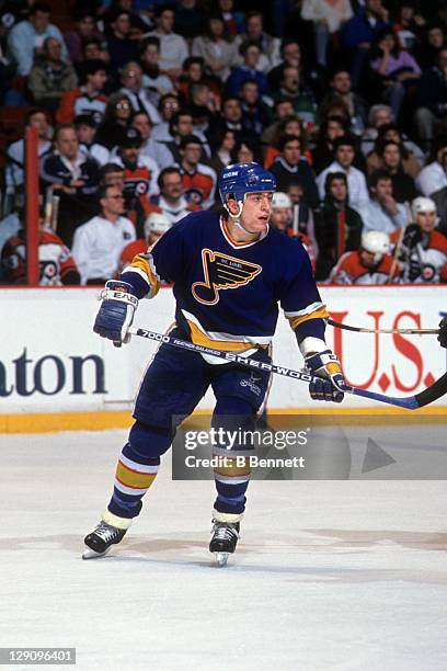 Rod Brind'Amour of the St. Louis Blues skates on the ice during an NHL game against the Philadelphia Flyers on March 21, 1991 at the Spectrum in...