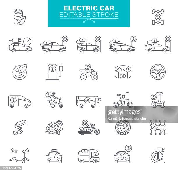 ilustrações, clipart, desenhos animados e ícones de ícones do carro elétrico golpe editável. . o conjunto contém ícones ecologia, ambiente, plugue de cabo, símbolo de carregamento - carro híbrido