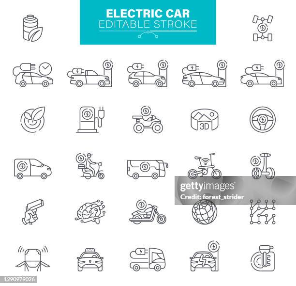 電動車圖示可編輯行程。.該集包含圖示生態，環境，電纜插頭，充電符號 - hybrid car 幅插畫檔、美工圖案、卡通及圖標