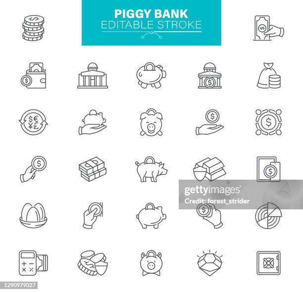 piggy bank icons. set enthält icon-zahlung, geld, einzahlung, anlage, fondssaldo, ersparnisse, abbildung - taschengeld stock-grafiken, -clipart, -cartoons und -symbole