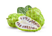 Noni fruit with leaf on white background
