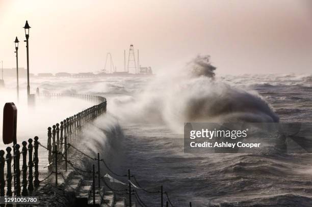blackpool being battered by storms on the 18th january 2007 that killed 13 people across the uk in the hurricane force winds. - storm surge stock pictures, royalty-free photos & images