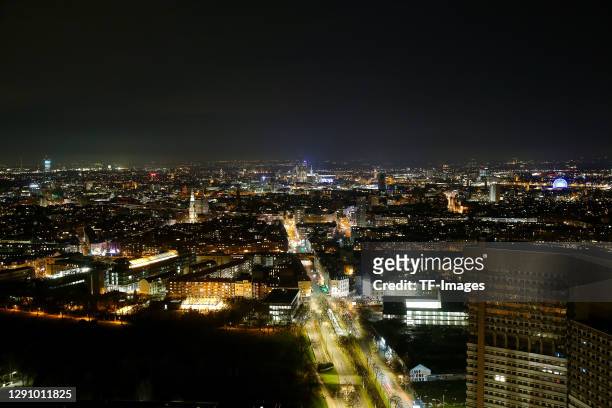 Skyline of Cologne is seen at night from the roof of the Unicenter on December 05, 2020 in Koeln, Germany.