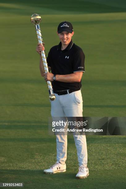 Matthew Fitzpatrick of England celebrates with the DP World Tour Championship trophy following victory during Day 4 of the DP World Tour Championship...