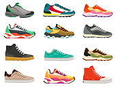 Sneakers shoes. Fitness footwear for sport, running and training. Colorful modern shoe designs. Sneaker side view cartoon icons vector set