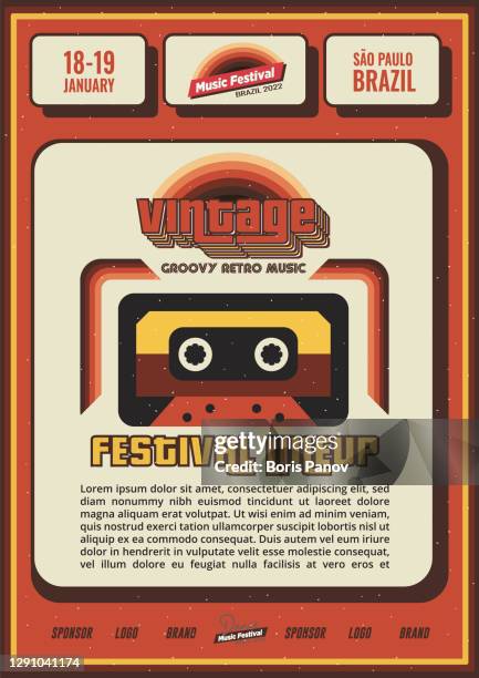 vintage retro musik festival poster oder flyer design mit kassette und lineup für bar oder nachtclub promo banner - movie poster stock-grafiken, -clipart, -cartoons und -symbole