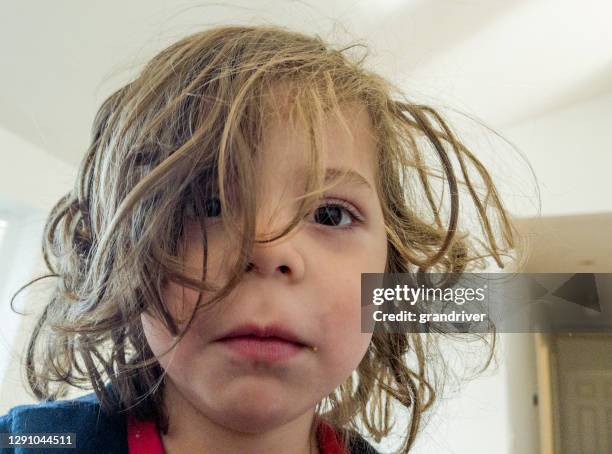 precocious little boy with cute smile and long messy hair - tangled stock pictures, royalty-free photos & images