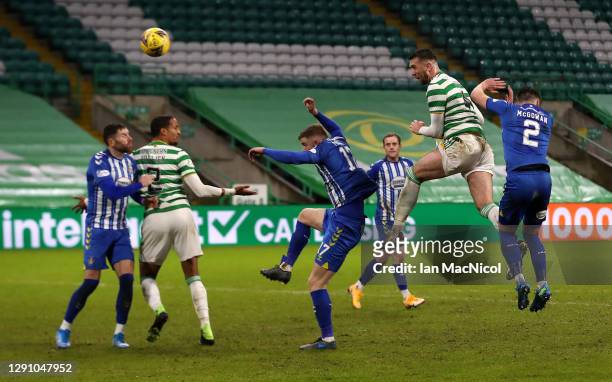 Shane Duffy of Celtic scores their team's second goal during the Ladbrokes Scottish Premiership match between Celtic and Kilmarnock at Celtic Park on...