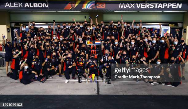 Race winner Max Verstappen of Netherlands and Red Bull Racing celebrates with his team following the the F1 Grand Prix of Abu Dhabi at Yas Marina...