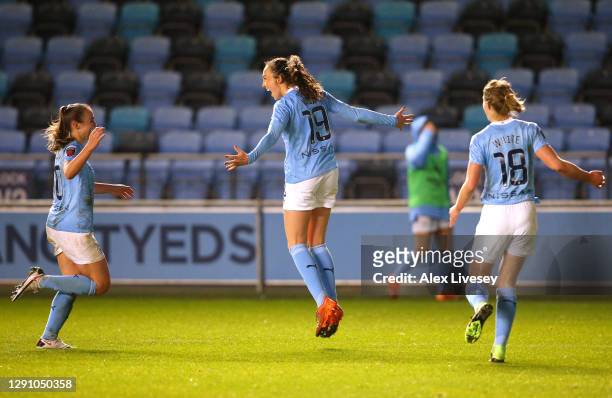 Caroline Weir of Manchester City celebrates with Georgia Stanway after scoring their team's second goal during the Barclays FA Women's Super League...
