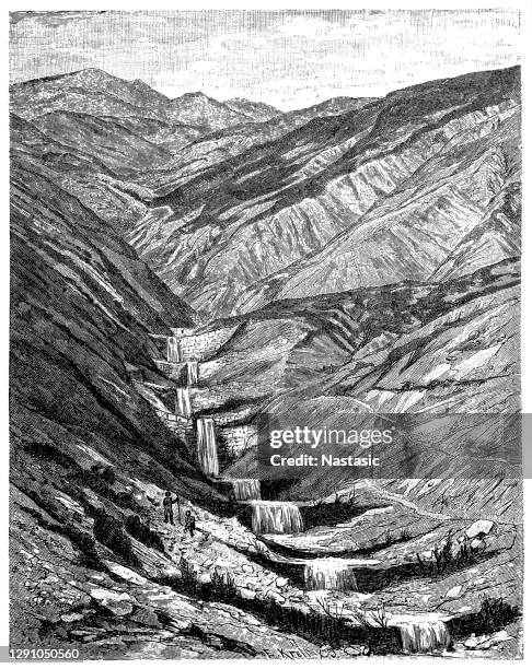 construction of a torrent in the french alps by masonry and living dams - french alps stock illustrations