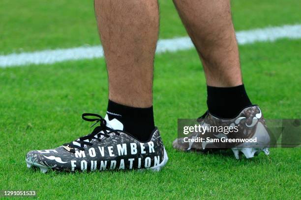 The cleats of Gardner Minshew of the Jacksonville Jaguars supporting the Movember Foundation before the game against the Tennessee Titans at TIAA...