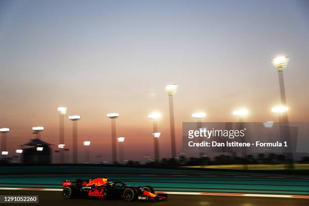 Max Verstappen of the Netherlands driving the Aston Martin Red Bull Racing RB16 during the F1 Grand Prix of Abu Dhabi at Yas Marina Circuit on...