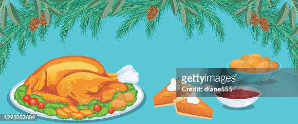 christmas turkey dinner with copy space - christmas table stock illustrations
