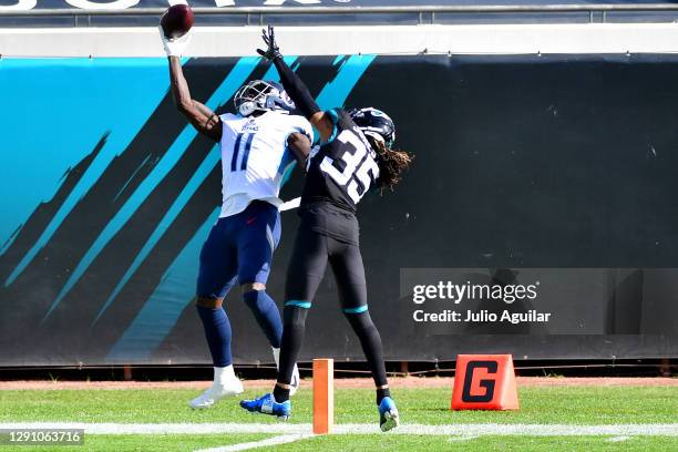 Brown of the Tennessee Titans catches a touchdown pass over Sidney Jones of the Jacksonville Jaguars in the first quarter at TIAA Bank Field on...