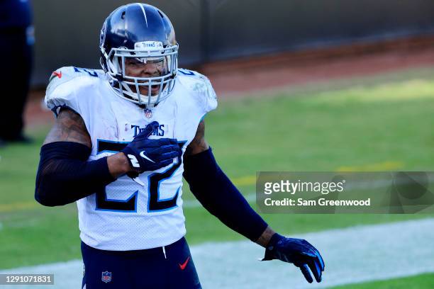 Derrick Henry of the Tennessee Titans celebrates after scoring a touchdown against the Jacksonville Jaguars in the second quarrter at TIAA Bank Field...