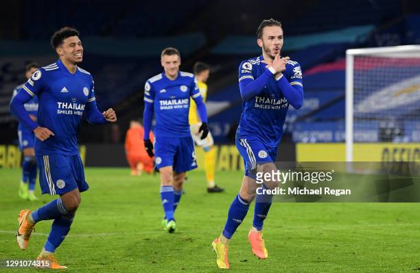 James Maddison of Leicester City celebrates after scoring their team's third goal during the Premier League match between Leicester City and Brighton...