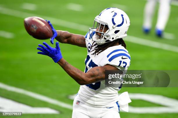 Wide receiver T.Y. Hilton of the Indianapolis Colts warms up before a game against the Las Vegas Raiders at Allegiant Stadium on December 13, 2020 in...