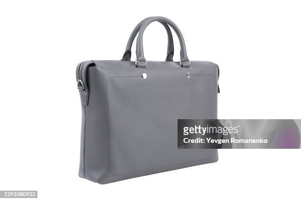 mens grey leather briefcase isolated on white background - cream colored purse fotografías e imágenes de stock