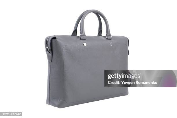 mens grey leather briefcase isolated on white background - cream colored purse stock pictures, royalty-free photos & images