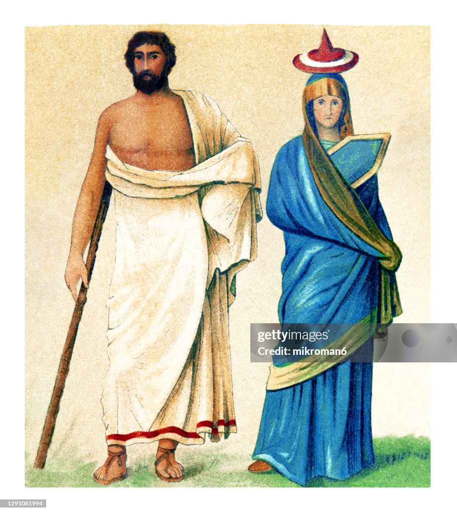 Old Illustration Of Greek Man In Himation And Greek Woman In Tanagra ...