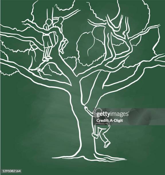 treeclimbingboys - kids climbing tree drawing stock illustrations