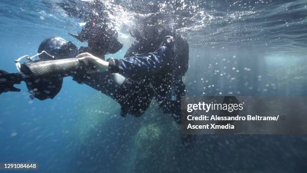 scuba diver descends into the sea with film and sound equipment - underwater film camera - fotografias e filmes do acervo