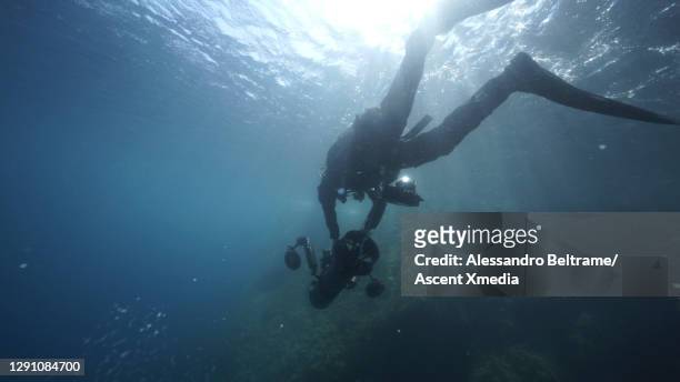 scuba diver descends into the sea with film and sound equipment - underwater film camera - fotografias e filmes do acervo