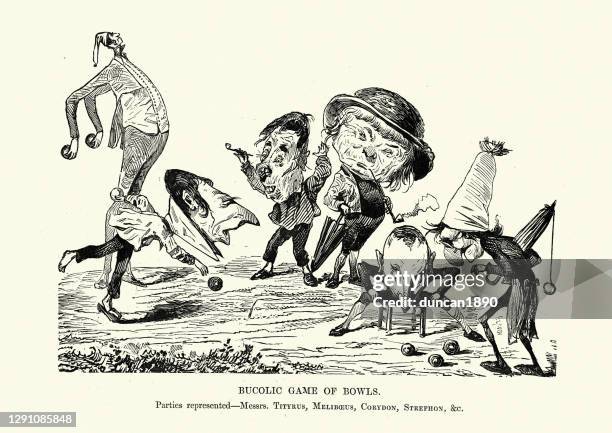 caricature of a group of men playing a game of boules, victorian - petanque stock illustrations