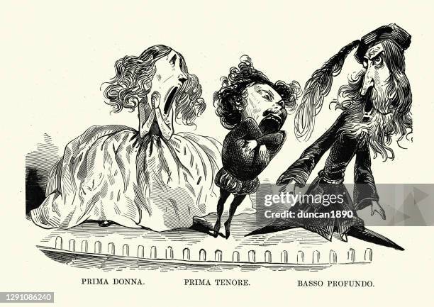 illustrazioni stock, clip art, cartoni animati e icone di tendenza di caricatura di cantanti lirici, prima donna, prima tenore, basso profundo, vittoriano - opera lirica