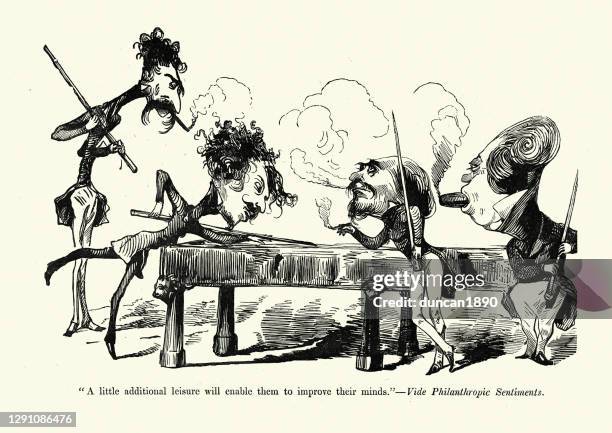 ilustraciones, imágenes clip art, dibujos animados e iconos de stock de hombres jugando al billar y fumando puros, victorianos - taco de billar