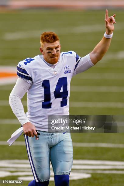 Andy Dalton of the Dallas Cowboys celebrates after beating the Cincinnati Bengals 30-7 at Paul Brown Stadium on December 13, 2020 in Cincinnati, Ohio.