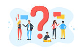 Question. Group of talking people with speech bubbles and giant question mark. Customer service, frequently asked questions, client help, maintenance, technical support, FAQ concepts. Modern flat design. Vector illustration