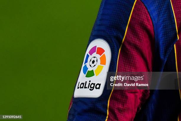 La Liga badge is seen during the La Liga Santander match between FC Barcelona and Levante UD at Camp Nou on December 13, 2020 in Barcelona, Spain.