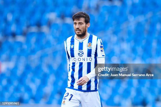 David Silva of Real Sociedad reacts during the La Liga Santander match between Real Sociedad and SD Eibar at Estadio Anoeta on December 13, 2020 in...